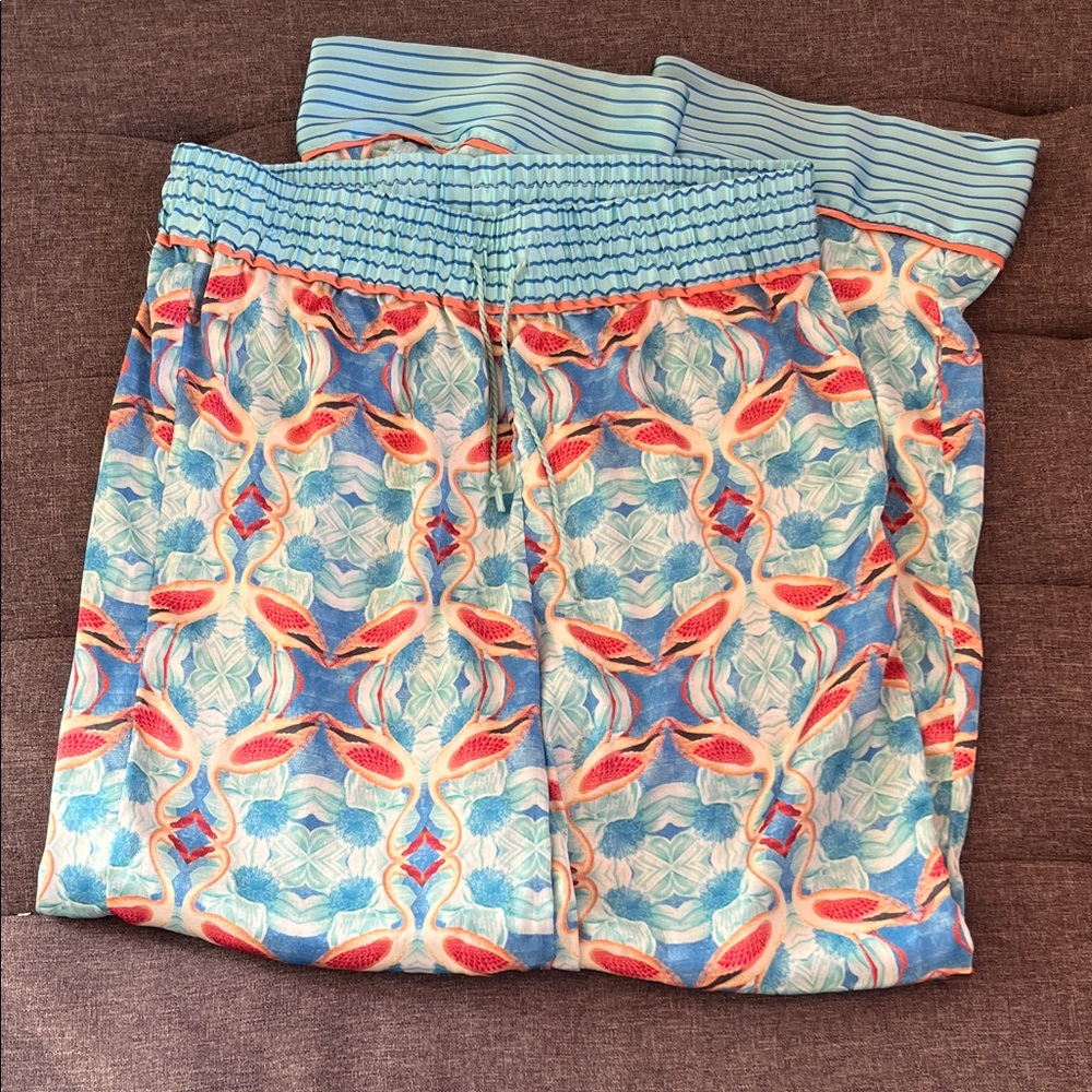 Cost Plus World Market Blue Satin Bird/Flamingo Pajama Pants size S/M